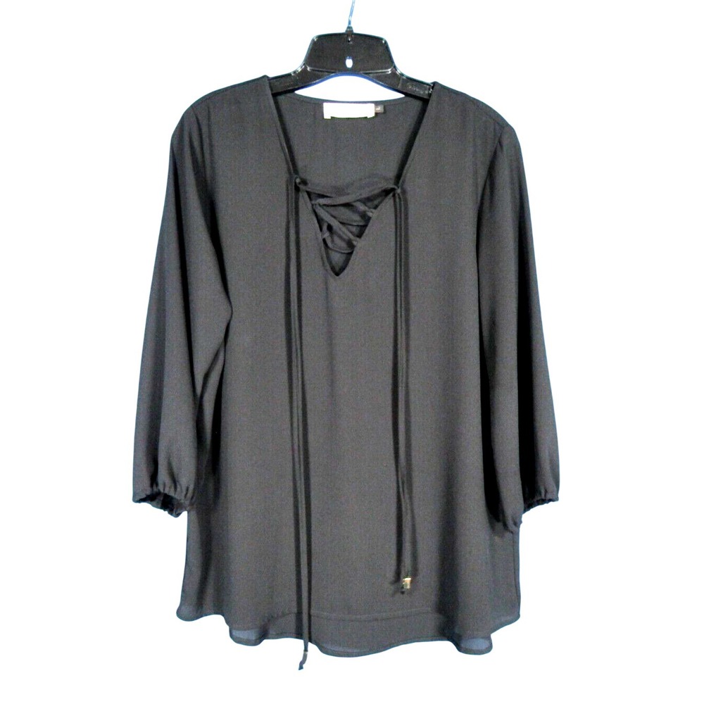 VERONICA M Dressy Thin CREPE Pullover CRISS CROSS NECKLINE Black Blouse/Top Sz L